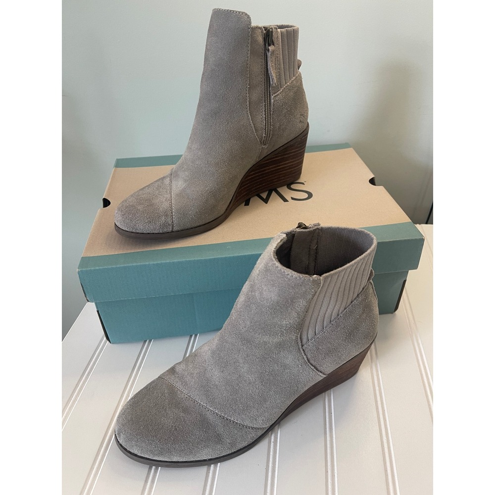 TOMS Sadie Cement Suede Wedge Ankle Boots Grey Womens 8.5